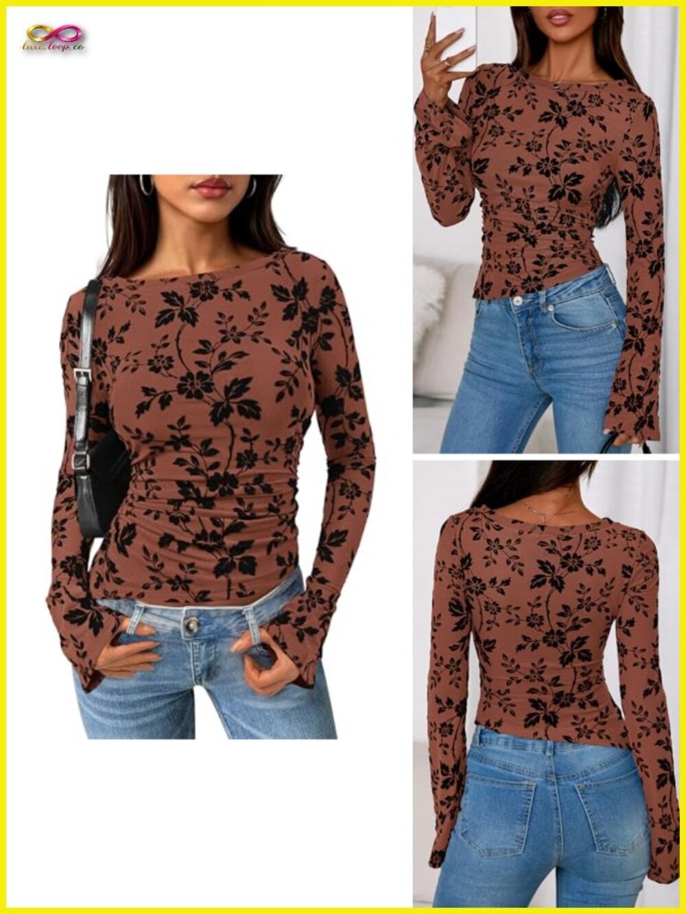 Women's Long Sleeve Floral Mesh Blouse Boat Neck Ruched Top